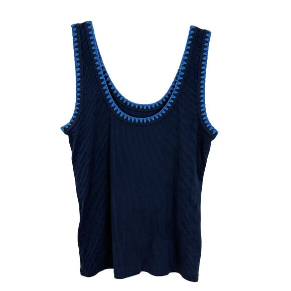 J.CREW Blanket Stitch Tank Top M Navy Blue Double Scoop Neck Ribbed NWT B8 - Picture 3 of 5